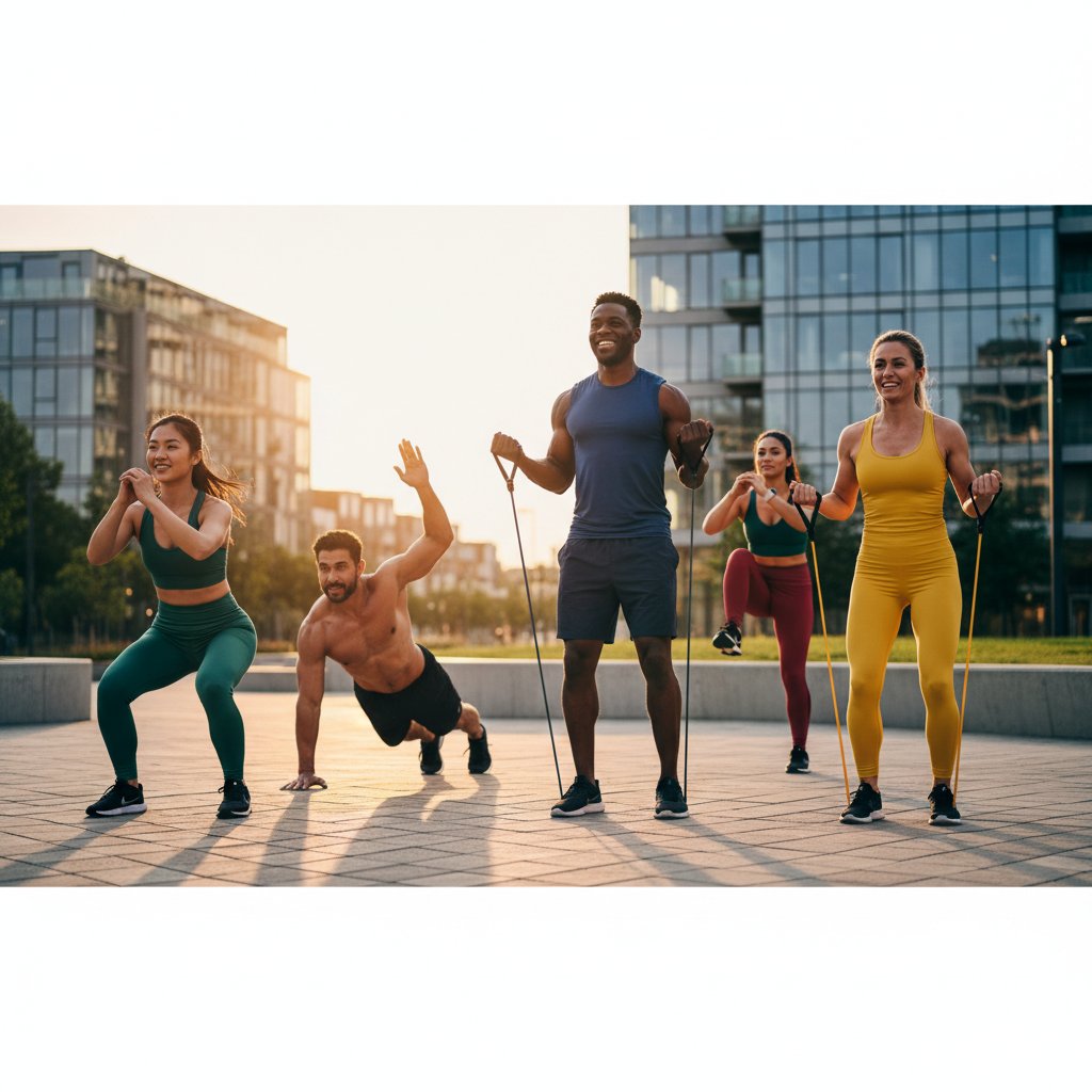 Grupa dorosłych uczestników podczas treningu fitness w profesjonalnej sali z instruktorem